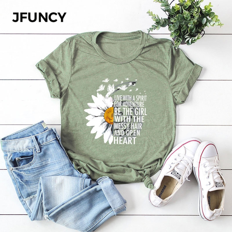 JFUNCY 2020 New Summer Cotton Women T-shirts Creative Chrysanthemum ...